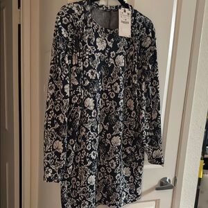 Zara Black and White Sheath Dress with Long Bishop Sleeves